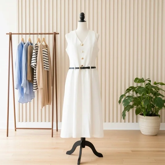 Elegant White Sleeveless Dress with Belt - Picture 3 of 6